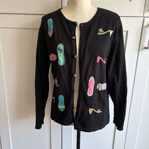 Vintage Talbots Women's Black Cardigan L Embroidered Shoes Patches